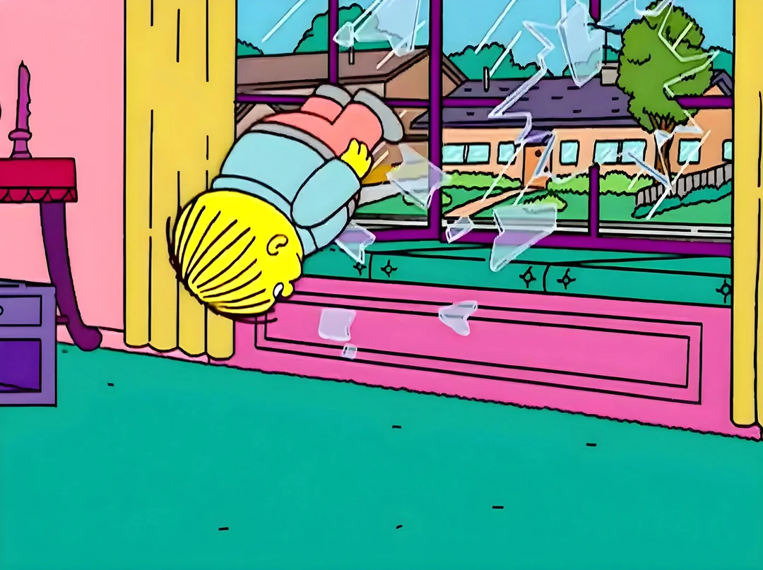 Ralph Wiggum being launched through the Simpsons’ living room window